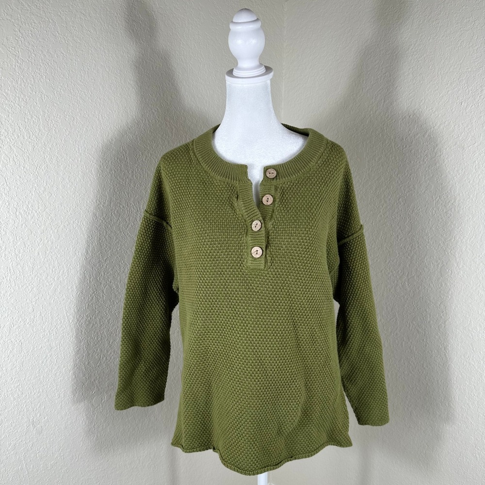 Free People Beach Henley Sweater Womens XS Green Waffle Knit Boho Oversized